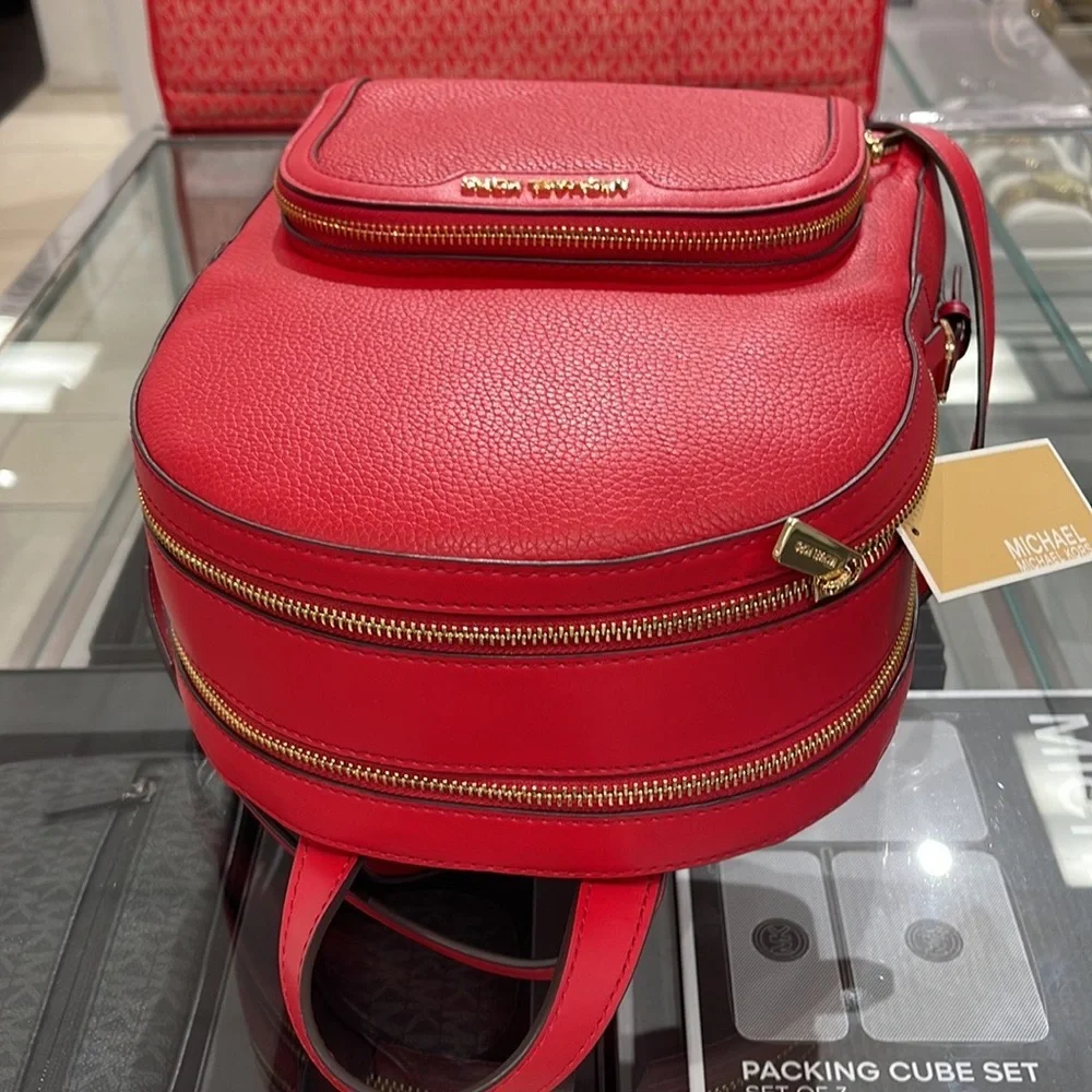 Michael Kors Jaycee Medium Pebbled Leather Backpack Bright Red NWT